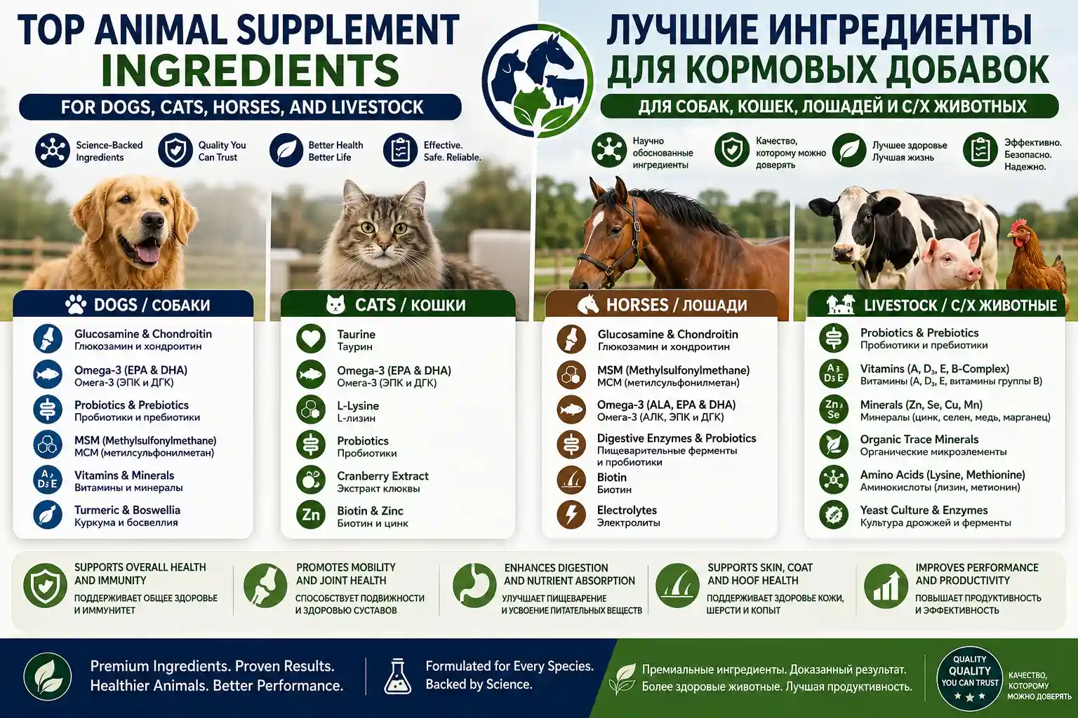 Top Animals Supplement Ingredients for Dogs, Cats, Horses, and Livestock