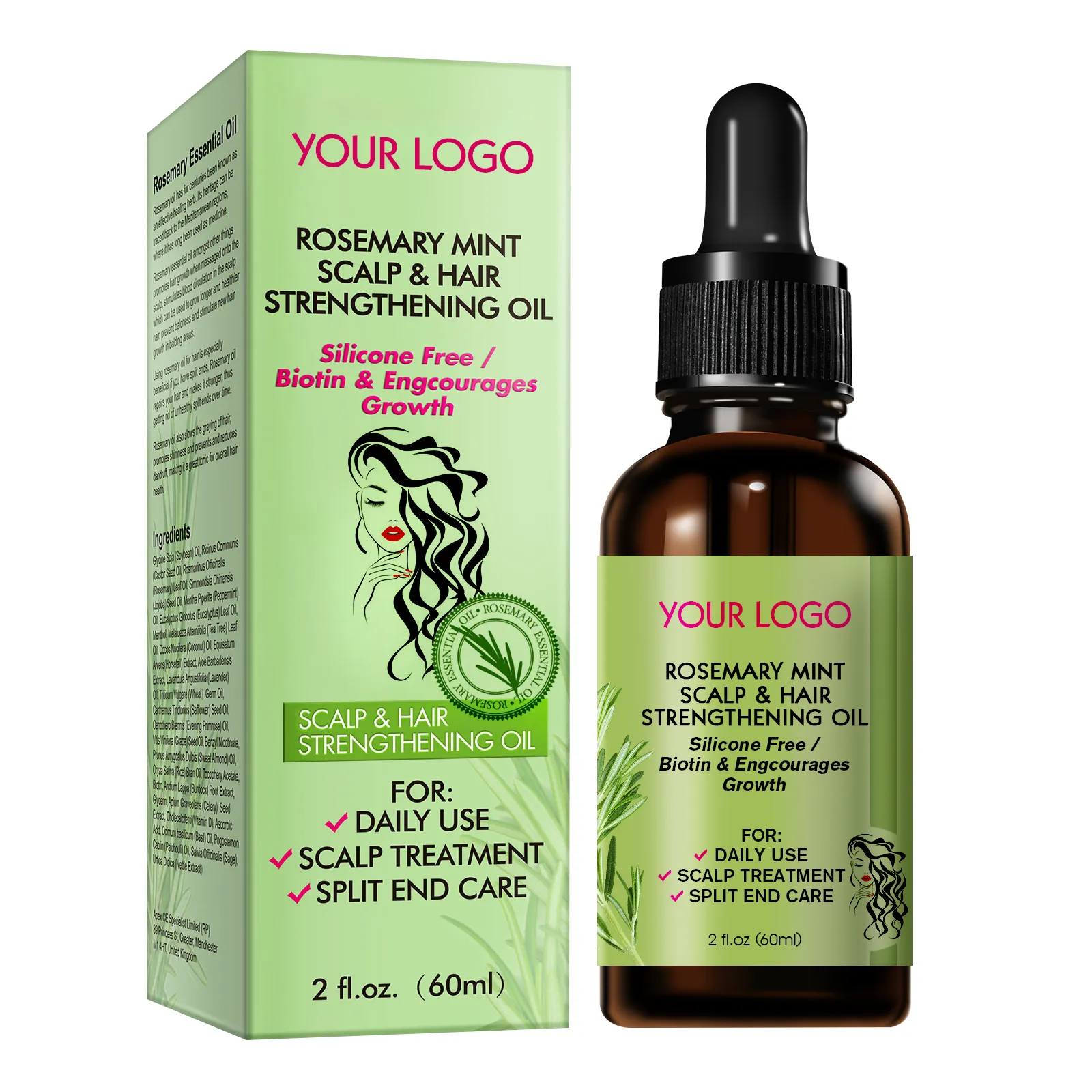 OEM 60ml Organic Rosemary Mint Scalp & Hair Strengthening Essential Oil with Biotin