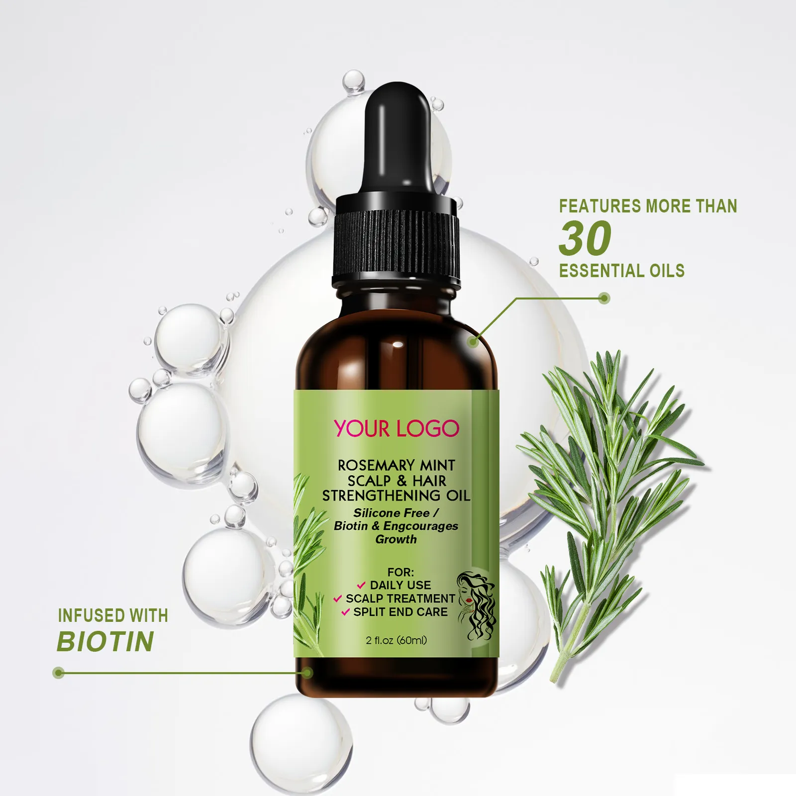 OEM 60ml Organic Rosemary Mint Scalp & Hair Strengthening Essential Oil with Biotin - Image 2