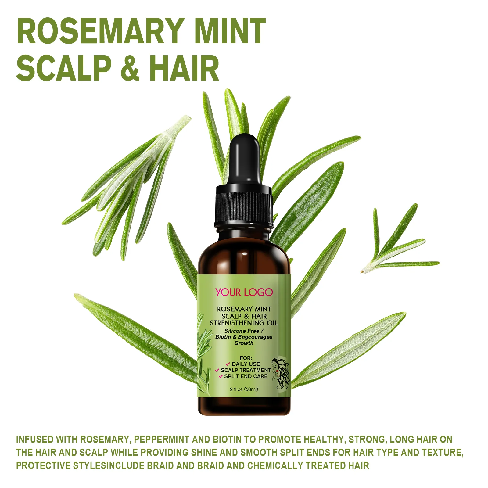 OEM 60ml Organic Rosemary Mint Scalp & Hair Strengthening Essential Oil with Biotin - Image 4